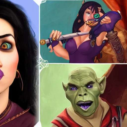 Image similar to liza minlelli daydreams about her dungeons and dragons character, a half orc bard who looks like her