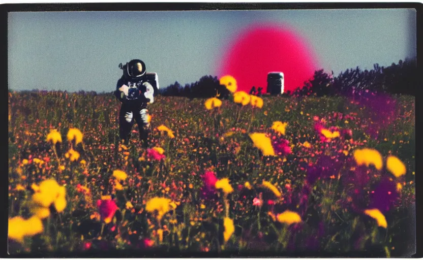 Prompt: analog polaroid of an astronaut from behind, in a field full of colourful flowers, black sky visible in the background, purple and orange color bleed