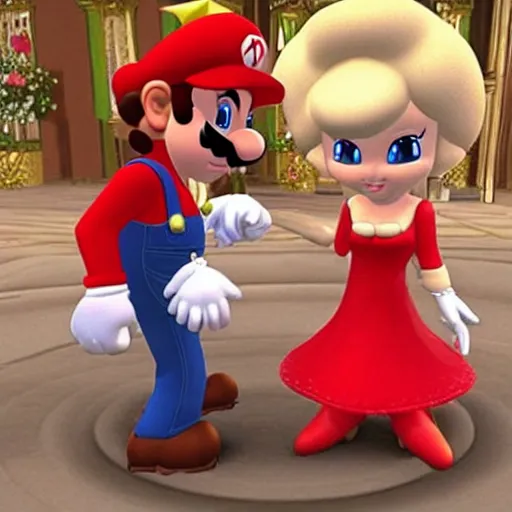 Image similar to “Mario proposing marriage to Princess Peach, he is very nervous and the ring he holds is sparkling”