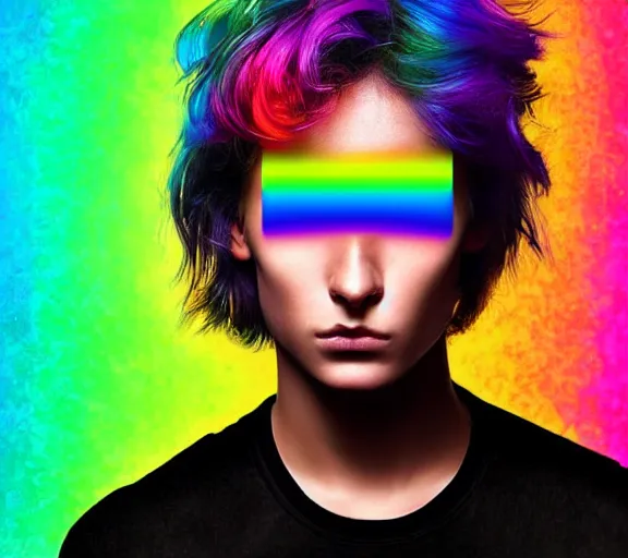 Image similar to extremely beautiful young man with hyperealistic glossy rainbow eyes, digital art, vivid background seductive look.