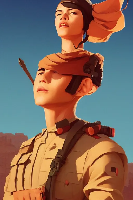 Image similar to desert soldier, smooth face, centered, solid bacgkround, median photoshop filter cutout vector behance, hd by artgerm, jesper ejsing, by rhads, makoto shinkai and lois van baarle, ilya kuvshinov, rossdraws, illustration, art by ilya kuvshinov and gustav klimt