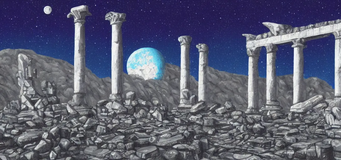 Image similar to The ruins of the Silver Millennium on the moon from Sailor Moon, digital painting, Earth in the distance, Greek-esque columns and ruins