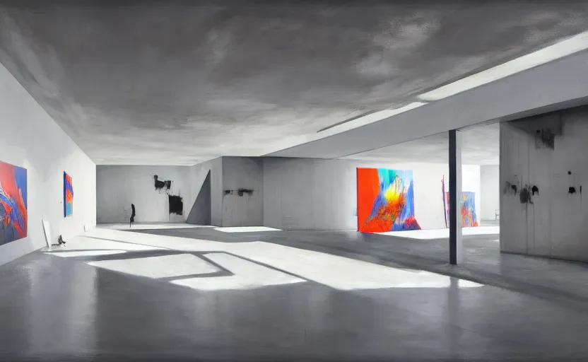 Prompt: painting of interior shot of a white concerete brutalist contemporary art museum with abstract colourful paintings hanging on the wall by darek zabrocki and greg ruthkowski, cinematic and cold atmospheric, archillect concept art, artstation, trending on artstation