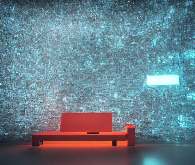 Image similar to japanese model cybernetic sofa with digital led texture, back neon lighting, techno projectors, promotional magazine photograph, intricate details, ultra realistic, unreal engine 5, depth of field, bokeh, octane render