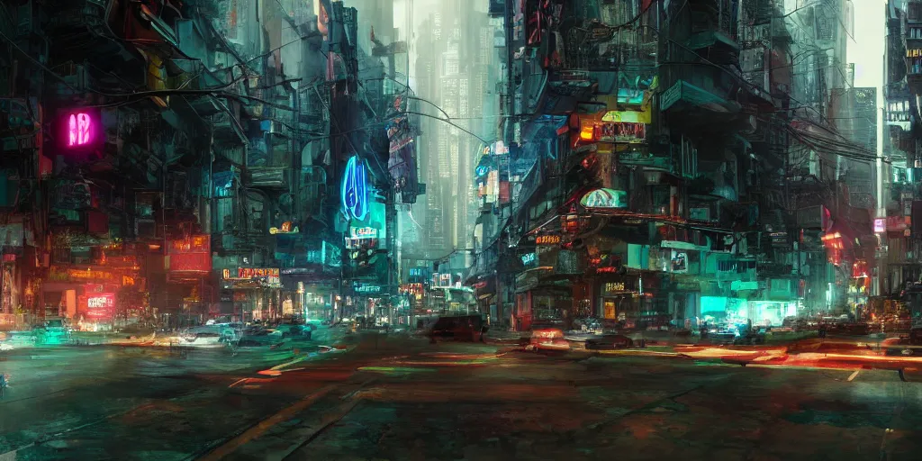 Image similar to a guatemalan solitary cyberpunk city with neon ads and signs with evocative dramatic mood with blade runner vibe with cars and floating vehicles with motion blur with depth of field with bloom with lightshaft with volumetric lights, fog, by jeremy mann, oscar winning graphics, photo realistic, bloom, imax, dynamic lighting, artstation,