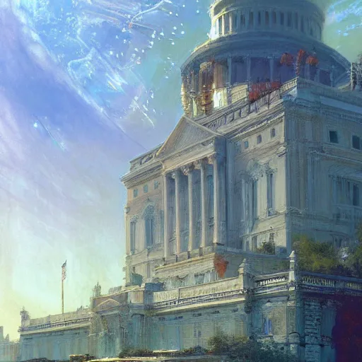 Prompt: detailed cinematic wide shot of the futuristic diselpunk rendition of the white house that has existed millions of years into the future where humans evolved to be solarpunk, ultra realistic, spring light, painting by gaston bussiere, craig mullins, j. c. leyendecker