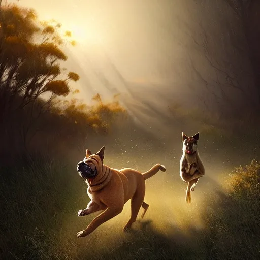 Image similar to - w 1 0 2 4 a boerboel mastiff running, chasing a kangaroo, detailed, intricate, by jessica rossier