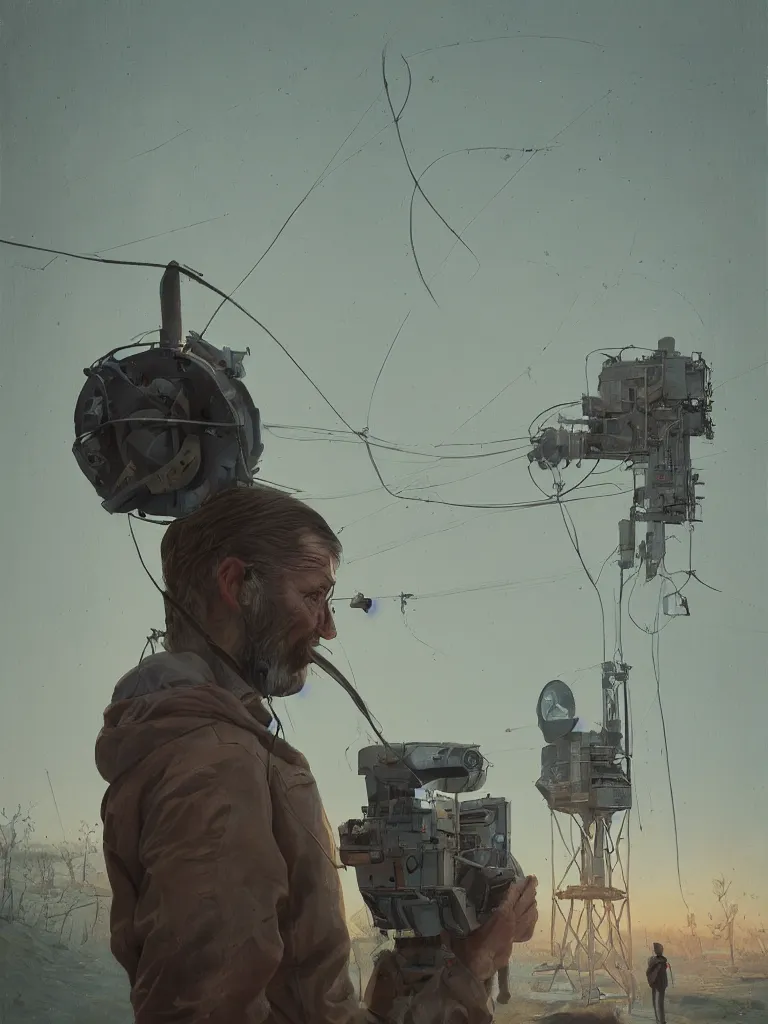 Image similar to a portrait of a researcher like indianer jones in a painting from stalenhag, 4 k, 8 k, hdr, artstation