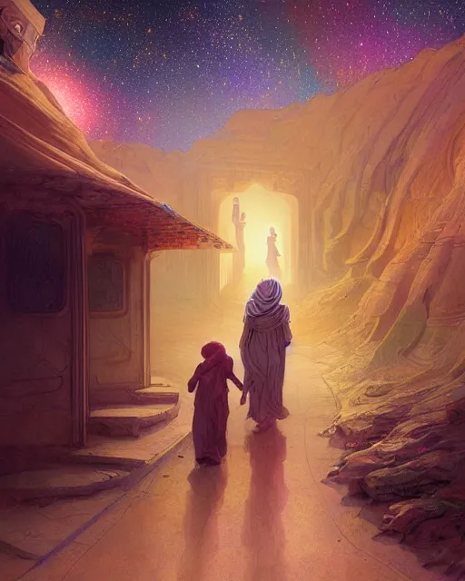 Image similar to bedouin man and woman and child in galaxy walking towards mosque surrounded by nebula, highly detailed, gold filigree, romantic storybook fantasy, soft cinematic lighting, award, disney concept art watercolor illustration by mandy jurgens and alphonse mucha and alena aenami, pastel color palette, featured on artstation