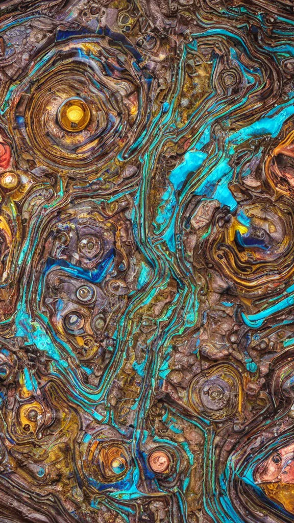 Prompt: ultra realistic macro photography of the giant psychedelic magical machine embedded within the mountain, colourful sedimentary and igneous rock and marble, industrial machinery, pistons, pipes and valves, super conducters, circuitry. 8k geology photographic cross section