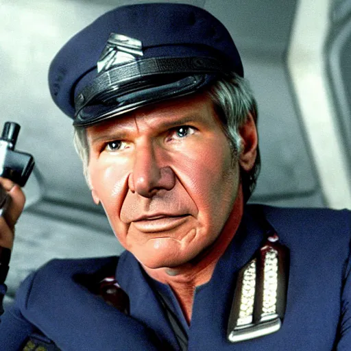 Image similar to A still of Harrison Ford as Commander Adama in Battlestar Galactica (2003), dark blue uniform