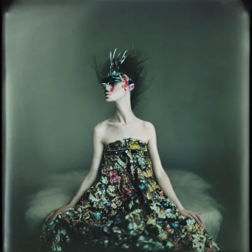 Prompt: kodak portra 4 0 0, wetplate, photo of a surreal artsy dream scene,, girl, weird fashion, grotesque, extravagant dress, photographed by paolo roversi style