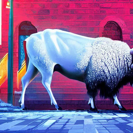 Image similar to a buffalo in the urban streets, covered in white flour, white powder bricks, miami heat colors, gta cover, south beach colors, 8 k, dynamic lighting, hdr, trending on artstation, ultra detailed, professional illustration, unreal engine