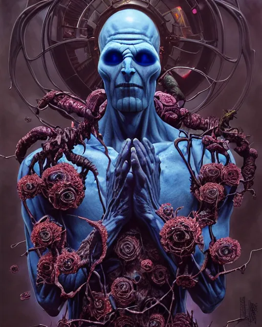 Image similar to the platonic ideal of flowers, rotting, insects and praying of cletus kasady ultimate carnage thanos dementor doctor manhattan chtulu nazgul bioshock, detailed, intricate, hyperrealism, intense, scary, decay, dmt, art by brock hofer and artgerm and greg rutkowski and alphonse mucha