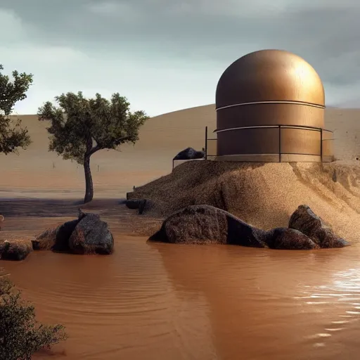 Image similar to sci - fi round building next to the sea pumping gushing water into a parched desert, river with trees, a sense of hope, hyper realistic, high res, 4 k, edouard groult, bynde, kirill leonov, isaac zuren