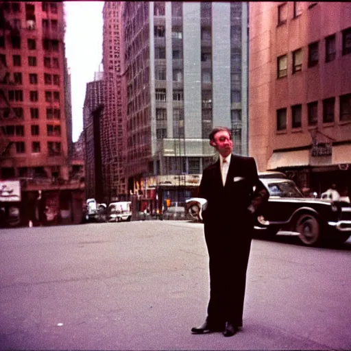 Image similar to portrait of a man in a suit in the streets of new york, 1 9 6 0 s, colour film street photography, photo taken with ektachrome, featured on flickr, photographed on damaged film