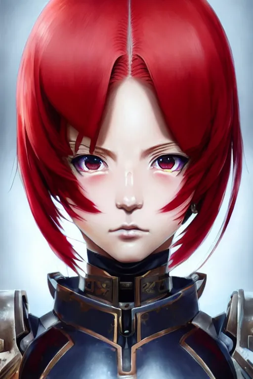 Image similar to portrait of Anime sister of battle, Warhammer 40000, cute-fine-face, red-short-hair pretty face, realistic shaded Perfect face, fine details. Anime. realistic shaded lighting by Ilya Kuvshinov katsuhiro otomo ghost-in-the-shell, magali villeneuve, artgerm, rutkowski, WLOP Jeremy Lipkin and Giuseppe Dangelico Pino and Michael Garmash and Rob Rey