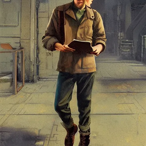 Prompt: a highly detailed epic cinematic concept art CG render digital painting artwork costume design: young James Dean as a well-kept neat anarchist rebel in 1950s green USSR mechanic outfit and big boots, reading a book. By Greg Rutkowski, Ilya Kuvshinov, WLOP, Stanley Artgerm Lau, Ruan Jia and Fenghua Zhong, trending on ArtStation, subtle muted cinematic colors, made in Maya, Blender and Photoshop, octane render, excellent composition, cinematic atmosphere, dynamic dramatic cinematic lighting, aesthetic, very inspirational, arthouse