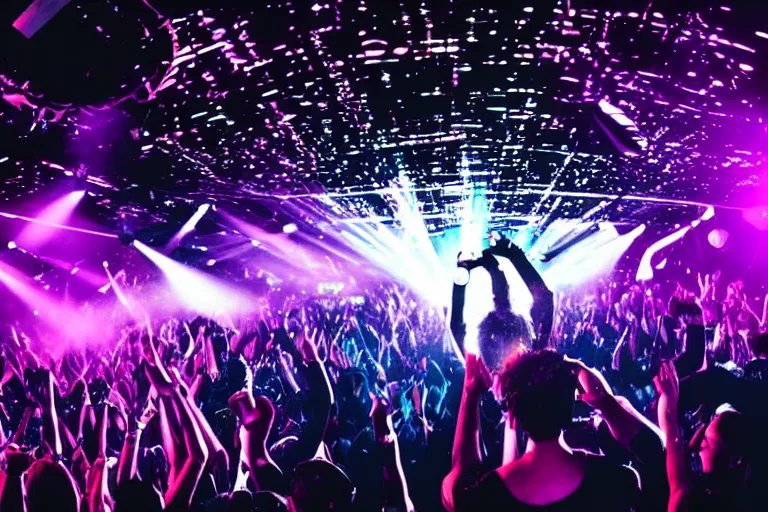 Image similar to a award winning photograph of a dj on stage spinning records with headphones looking over crowd dancing at a club, haze, moving heads light beams, spot lights, disco ball, silhouette