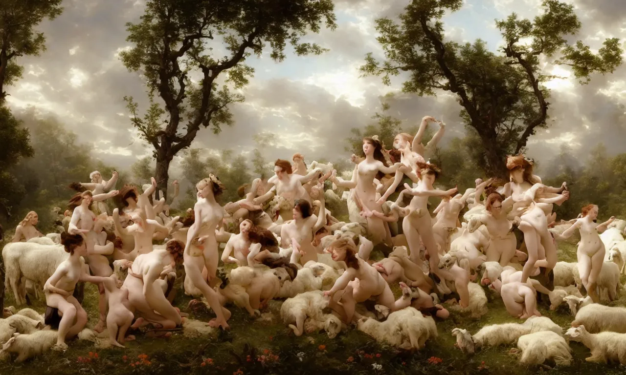 Image similar to a luminous springtime fairytale of beautiful women frolicking together among a herd of sheep in a romantic Scottish Highland setting, baroque, masterpiece 4k digital illustration by Ruan Jia and Mandy Jurgens and William-Adolphe Bouguereau, award winning, Artstation, Gustave Dore' background, intricate details, realistic, panoramic view, volumetric lighting, sun rays beaming, Hyperdetailed, 8k resolution, golden hour, intricate art nouveau, smooth, sharp focus, rendered in Unreal Engine 3