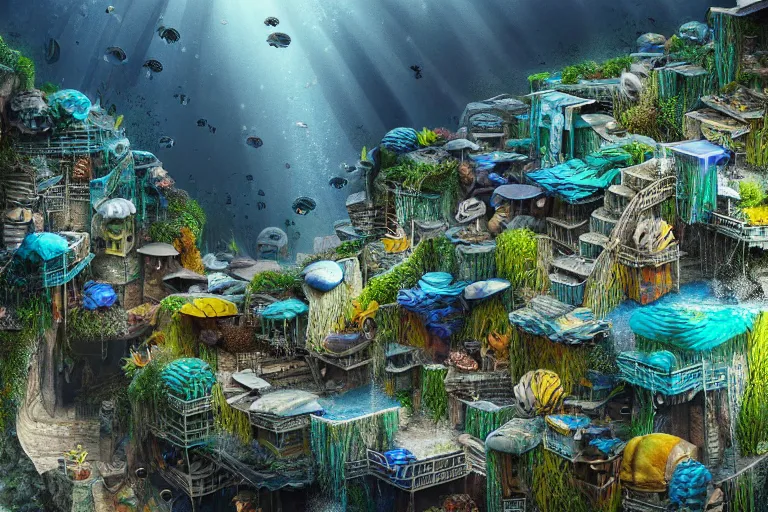 Image similar to highly detailed favela hive, underwater environment, award winning art, epic dreamlike fantasy landscape, ultra realistic,