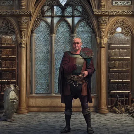 Image similar to full body portrait of Dennis hopper as a devious medieval lord standing on the right inside a big medieval Shop with tall windowpane, shelves full of medieval goods, morning light, trending on artstation, style of midjourney, unreal engine, octane render, intricate details, 8k high definition, beauriful, ornate, hyperrealistic