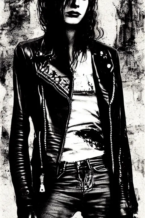 Image similar to dreamy rock girl, black leather jacket, detailed acrylic, grunge, perfect lighting. professional design. great composition, illustration by alberto giacometti, peter lindbergh, 8 k