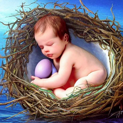 Image similar to baby mermaid next to a ooen egg in a nest, realistic, high detailed, fantasy art, anne geddes