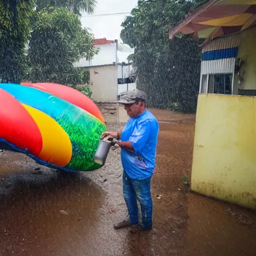 Image similar to man standing next to his inflatable quecha, drinking a canned beer, it is raining and he has no shelter so he gets soaked