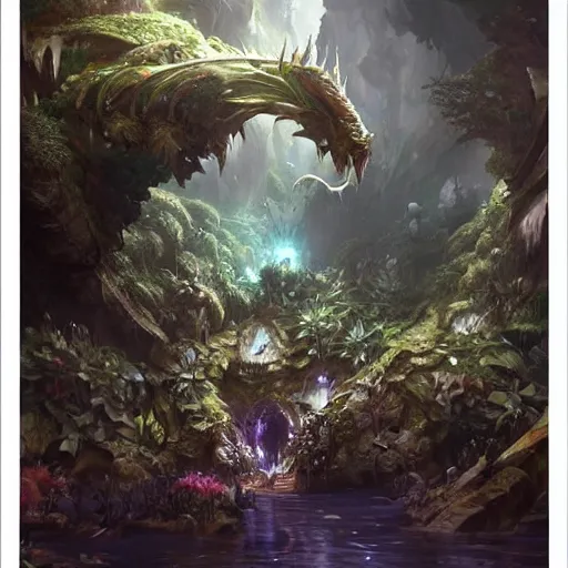 Prompt: Giant Oroboros resting in a cave, natural light, lush plants and flowers, elegant, intricate, fantasy, atmospheric lighting, by Greg rutkowski, league of legends splash art