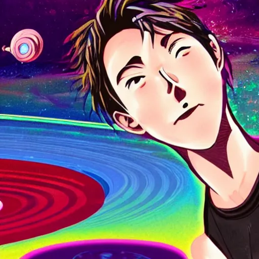 Image similar to anime of jacob collier on space hitting saturn rings with drum sticks