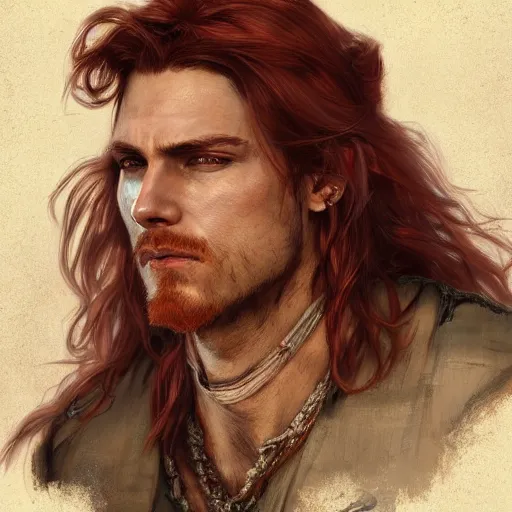 Image similar to portrait of a young rugged pirate, male, masculine, upper body, red hair, long hair, soft hair, D&D, fantasy, intricate, elegant, highly detailed, digital painting, artstation, concept art, matte, sharp focus, illustration, art by Artgerm and Greg Rutkowski and Alphonse Mucha