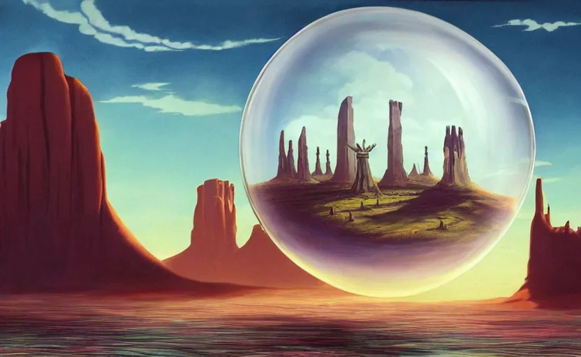 Prompt: a scary hyperrealist painting of a starship in a giant transparent bubble from howl's moving castle ( 2 0 0 4 ) in a flooded monument valley stonehenge jungle. depth perception, 4 k, artstation, in the style of studio ghibli