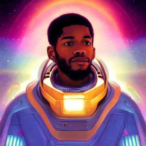 Prompt: scifi character portrait of Kid Cudi piloting a spaceship, light leak, rainbow spectrum, intricate, wild, highly detailed, digital painting, artstation, concept art, smooth, sharp focus, illustration, art by artgerm and greg rutkowski and alphonse mucha