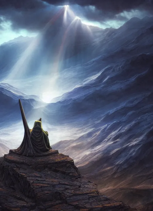 Prompt: hooded figure in lord of the rings scenery cosmic landscape, looking out at a huge tibetan temple on a mountain, god's rays, highly detailed, vivid color, cinematic lighting, perfect composition, 8 k, gustave dore, derek zabrocki, greg rutkowski, belsinski, octane render