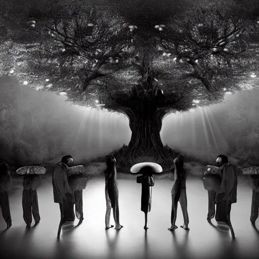 Prompt: mushroom goddess with group of elders in a ceremony for plant medicine, beautiful, hiroya oku, yoshitaka amano, chris cunningham, black and white, beautiful lighting, cinematic still, inspired by funky forest, 3 d render, 8 k