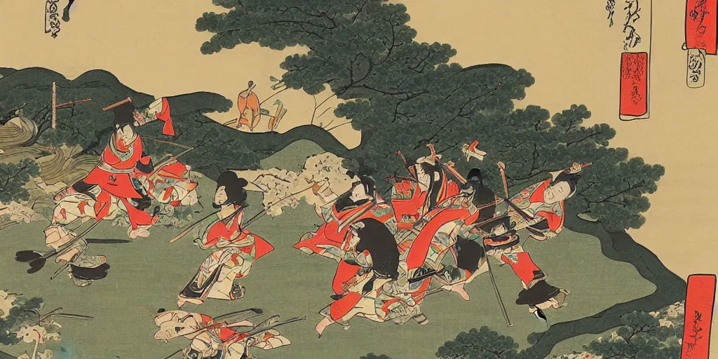 Prompt: ukiyo - e style painting of samurai fighting in fierce battle in a beautiful forest