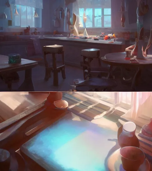 Prompt: highly detailed spilled milk on the table, unreal engine, loish, rhads, makoto shinkai and tom bagshaw, reflective global illumination, god rays, detailed and intricate environment