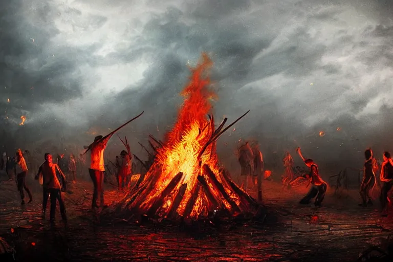 Image similar to the most amazing dream you ever had about bonfire party under rain, nature with eerie dark cloud,, hyper realistic, ambient lighting, concept art, intricate, hyper detailed, smooth, dynamic volumetric lighting, octane, cinematic