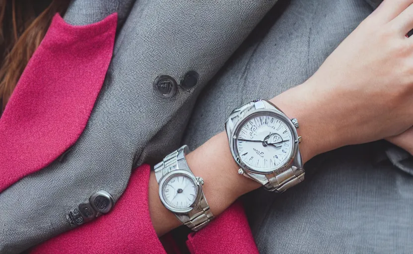 Image similar to omega speedmaster on the wrist of a lady with a wool suit in a cyberpunk city