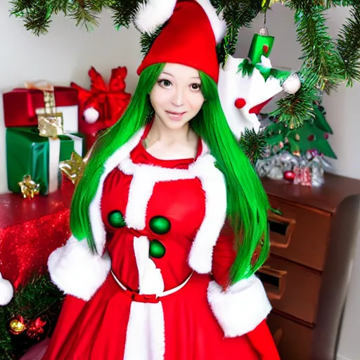 Image similar to christmas tree waifu, an anime girl dressed as a christmas tree