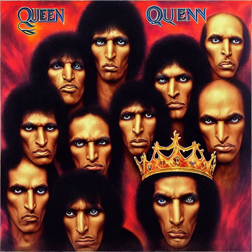 Prompt: queen II album cover, alien faces