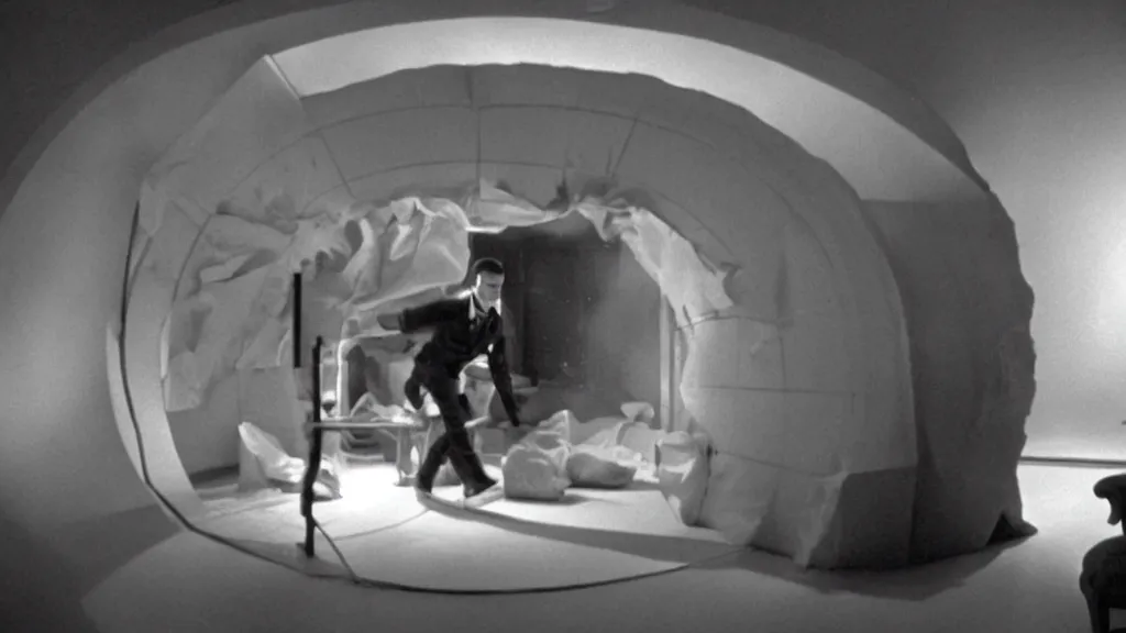 Image similar to an mri image of james cavell in the living room, film still from the movie directed by denis villeneuve with art direction by salvador dali, wide lens