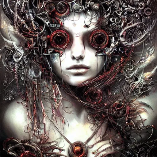 Image similar to blinded cybernetic demon dreaming, lsd, circuitry, intricate detail, royo,