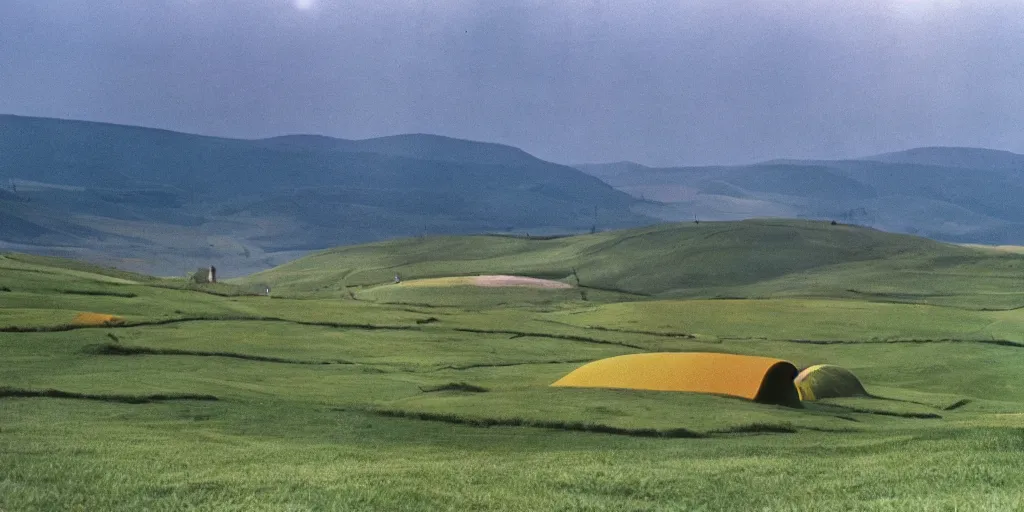 Image similar to A full color still from a Stanley Kubrick film featuring rolling green hills with windows, doors, and chimneys built into the hills, 35mm, 1975