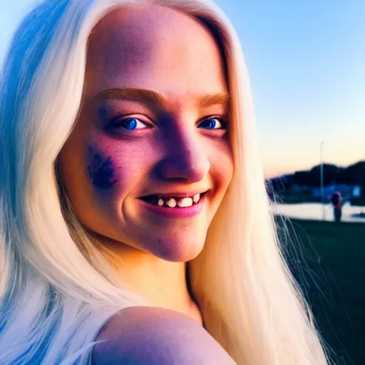 Image similar to beautiful hyperrealism selfie of a cute 3 d young woman smiling smugly, long light platinum blonde hair, flushed face, small heart - shaped face, cute freckles, light blue eyes, golden hour, 8 k, instagram