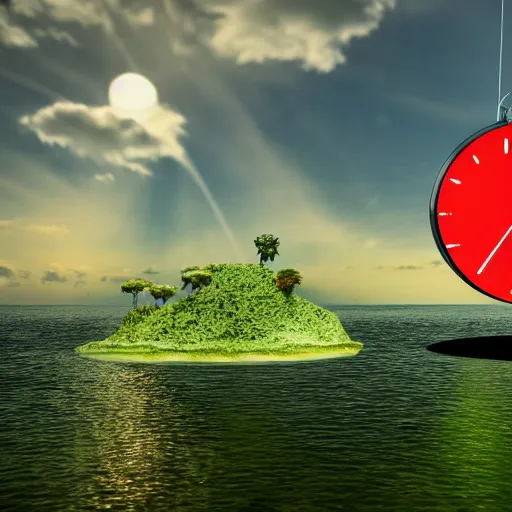 Image similar to a clock floating on an floating island, there are clouds around, it is on earth, on the background there are other floating islands too, floating at the ozone layer, cartoony, 4 k resolution, award winning