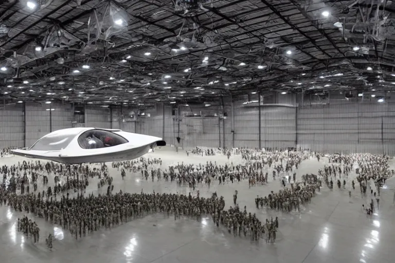 Image similar to photo of a floating alien spaceship in a large hanger, tethered to the ground, flood lit, military personnel surrounding.