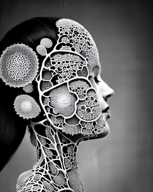 Image similar to surreal black and white photo portrait of complex bio-mechanical beautiful young female vegetal-cyborg with a Mandelbrot fractal metal fine lace face, curled silver hair, 150 mm lens, soft rim light, fine metal floral foliage super big lace collar by Alexander McQueen, high fashion, haute couture, rococo, steampunk, silver filigree details, anatomical, facial muscles, cable wires, microchip, elegant, hyper realistic, octane render, unreal engine, in the style Dora Maar, volumetric lighting, 8k,