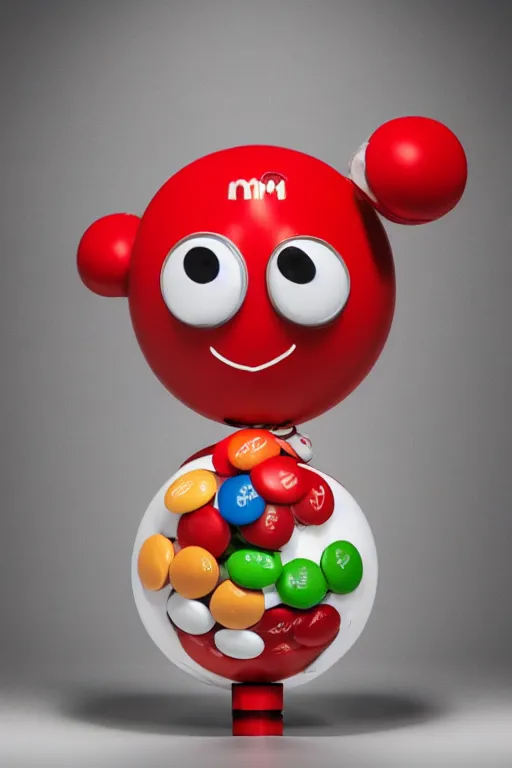 Prompt: a single red m & m candy with white arms and legs, a red sphere wearing a white baseball cap, eminem as the red m character standing on a floor covered with m & m candies, m & m candy dispenser!!!, m & m plush, unreal engine, studio lighting, unreal engine, volumetric lighting, artstation, cosplay, by hans bellmer